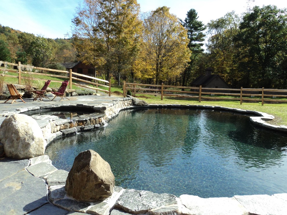 Стильный дизайн: огромный естественный бассейн в форме фасоли на заднем дворе в стиле кантри с джакузи и покрытием из каменной брусчатки - последний тренд