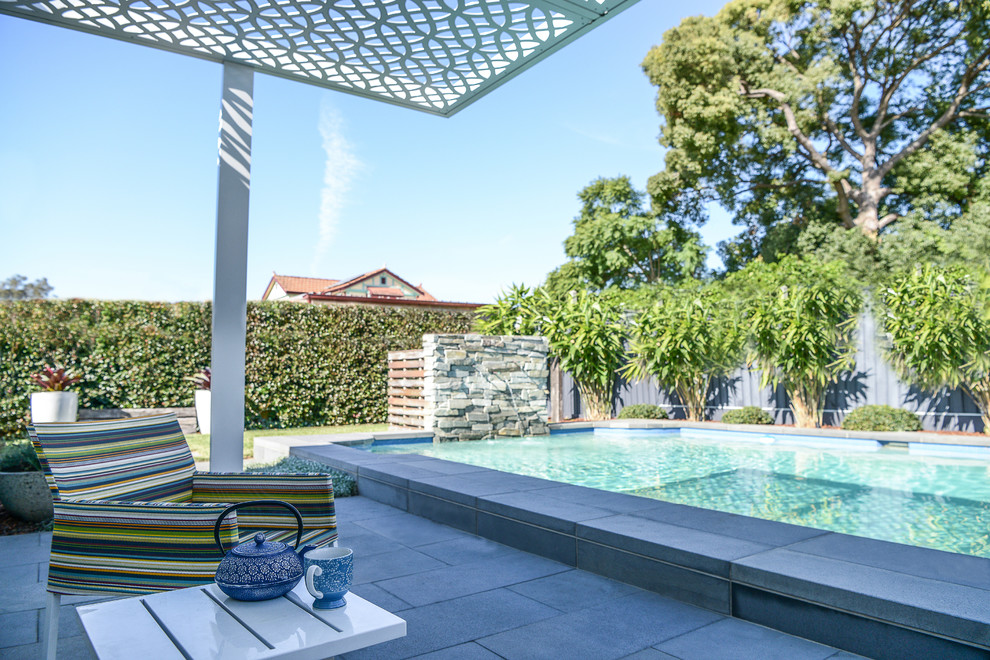 Mittelgroßes Modernes Sportbecken hinter dem Haus in rechteckiger Form mit Wasserspiel und Betonboden in Sydney