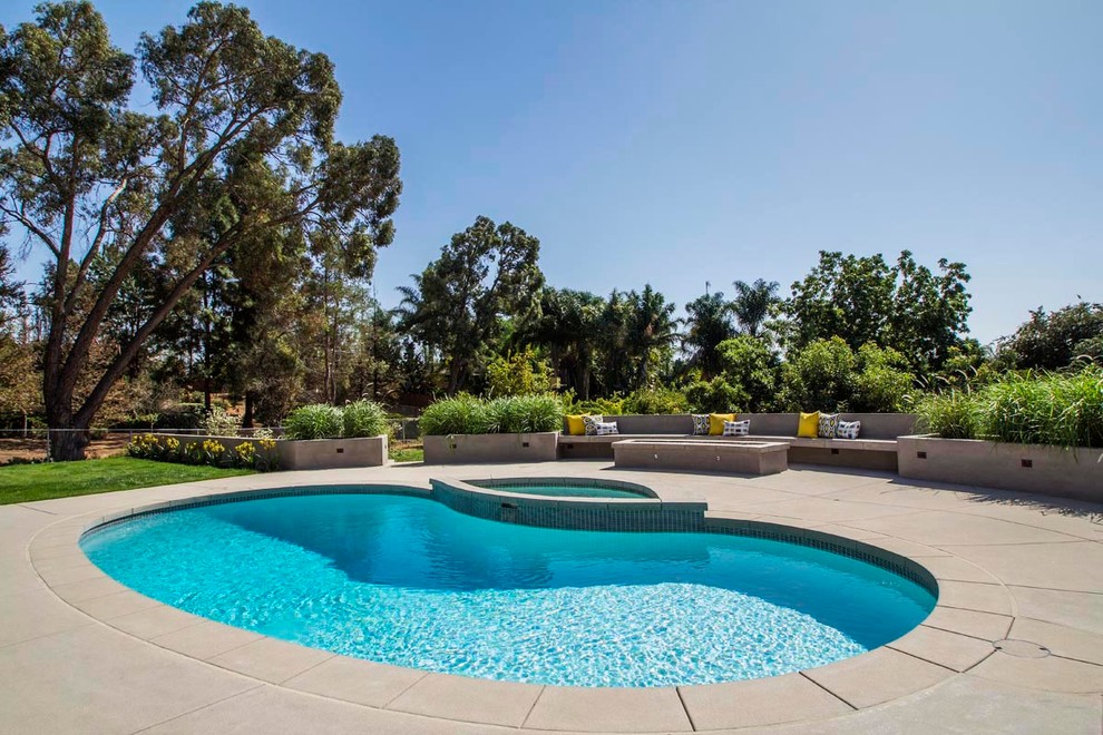 Modelo de piscinas y jacuzzis naturales contemporáneos de tamaño medio tipo riñón en patio trasero con losas de hormigón
