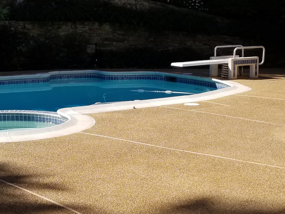 Diseño de piscina clásica de tamaño medio en patio trasero con losas de hormigón