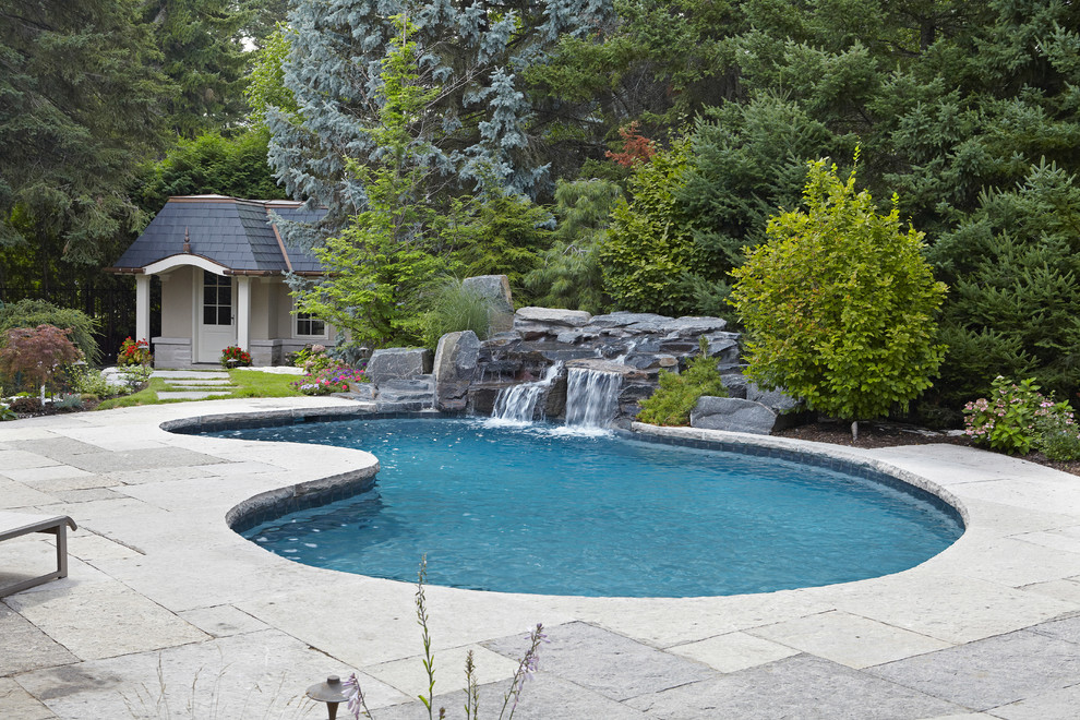 Ejemplo de piscina clásica tipo riñón en patio trasero