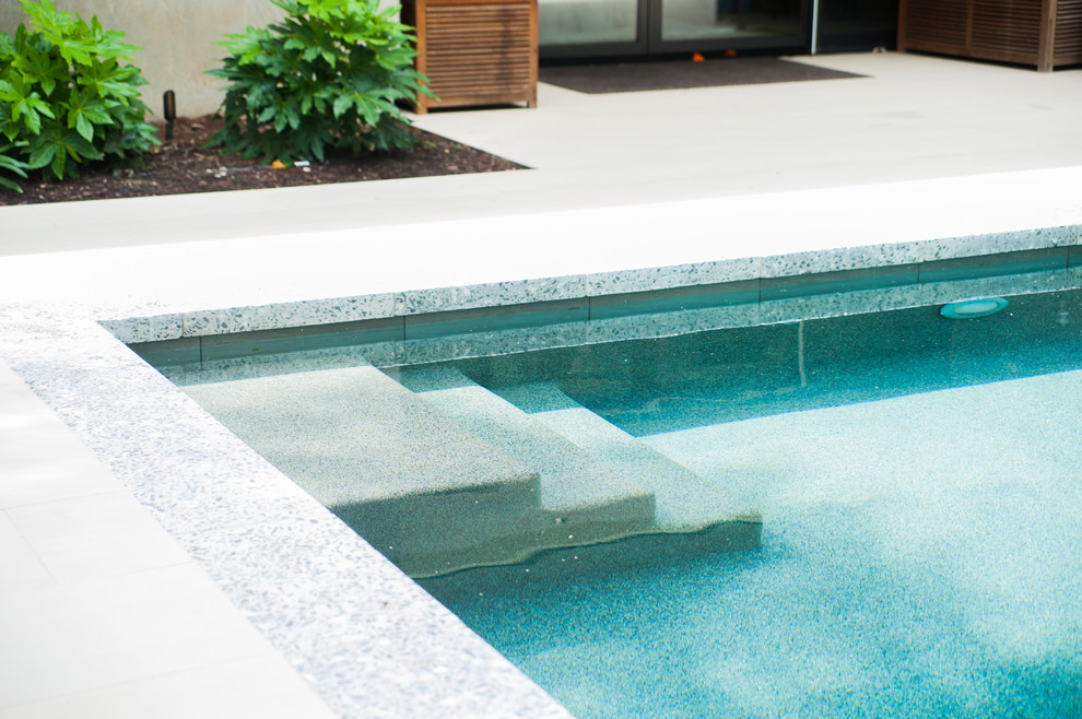 Photo of a large contemporary back rectangular natural swimming pool in Charleston with a water feature and concrete paving.