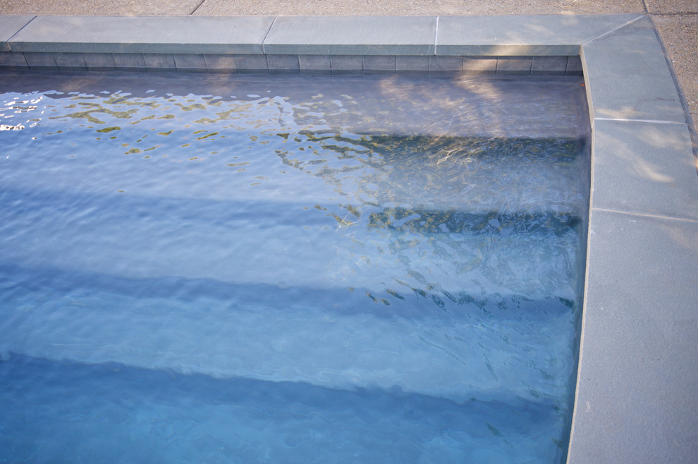 Exemple d'une grande piscine arrière tendance sur mesure avec un bain bouillonnant et une dalle de béton.