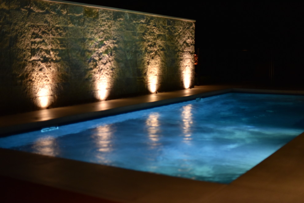 Ispirazione per una piscina monocorsia minimal rettangolare di medie dimensioni e dietro casa con lastre di cemento