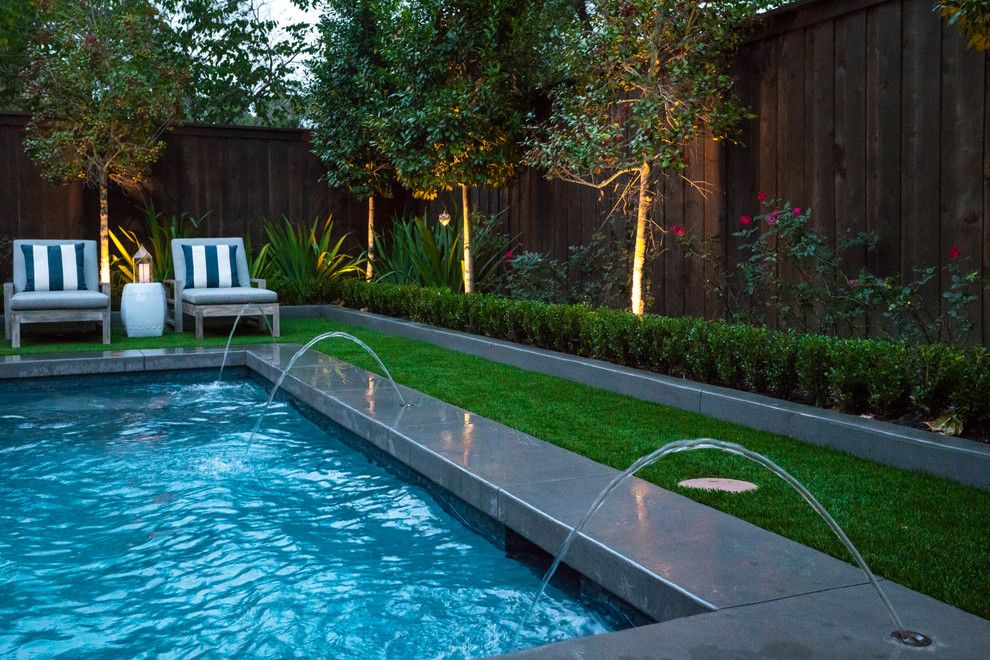 Immagine di una piccola piscina design rettangolare dietro casa con pedane