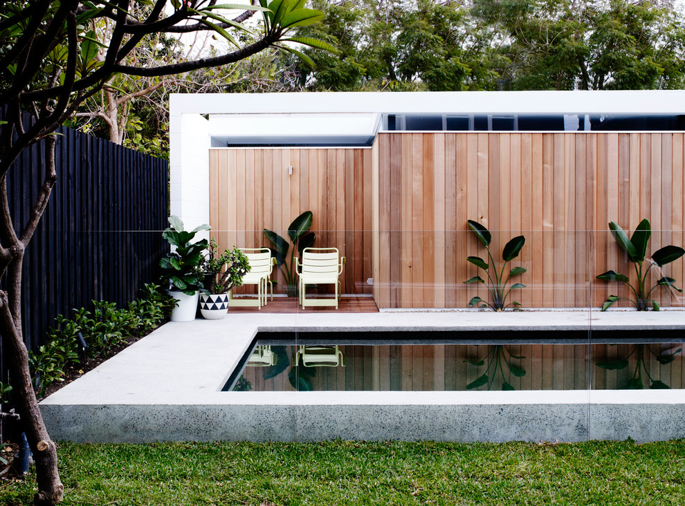 Immagine di una piscina minimal rettangolare di medie dimensioni e dietro casa con lastre di cemento