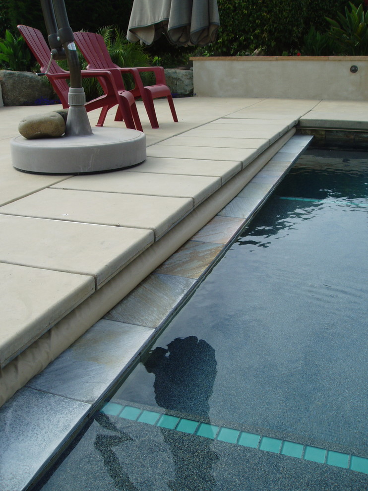 Réalisation d'une piscine naturelle et arrière design rectangle avec une dalle de béton.
