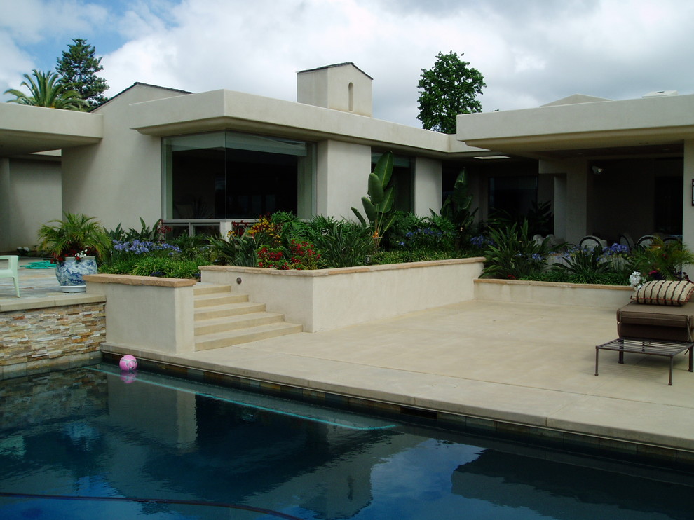 Inspiration för stora moderna rektangulär baddammar på baksidan av huset, med betongplatta