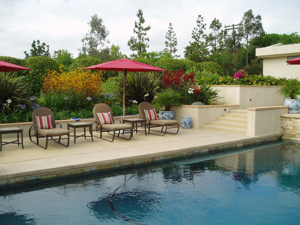 Design ideas for a contemporary back rectangular natural swimming pool in San Diego with concrete slabs.