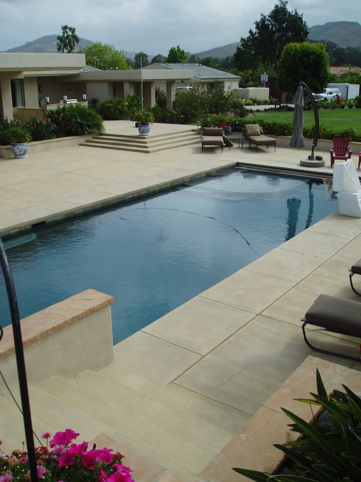Immagine di una piscina naturale contemporanea rettangolare di medie dimensioni e dietro casa con lastre di cemento