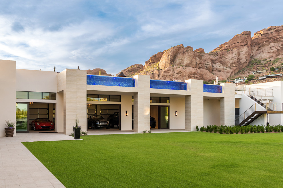 Mittelgroßer Moderner Infinity-Pool auf dem Dach in rechteckiger Form mit Natursteinplatten in Phoenix