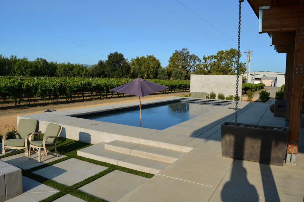 Идея дизайна: прямоугольный бассейн среднего размера на заднем дворе в современном стиле с покрытием из бетонных плит