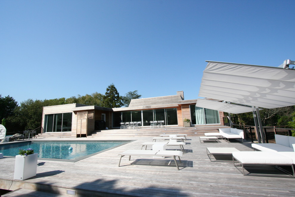 Modelo de piscina actual de tamaño medio rectangular en patio trasero con entablado