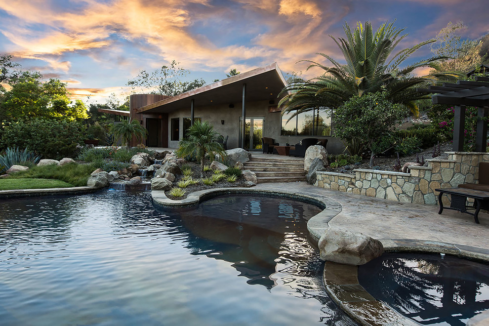 Imagen de piscina con fuente natural contemporánea de tamaño medio a medida en patio delantero con entablado