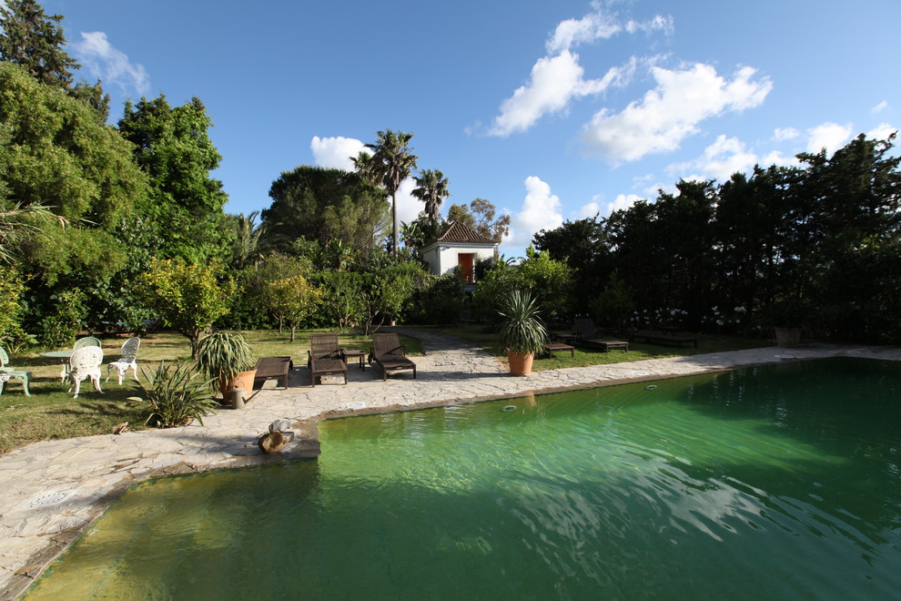 На фото: естественный бассейн среднего размера в средиземноморском стиле с покрытием из каменной брусчатки и домиком у бассейна с