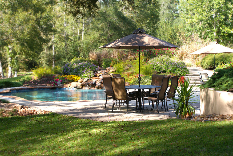 Pool fountain - mid-sized traditional backyard custom-shaped natural pool fountain idea in Houston