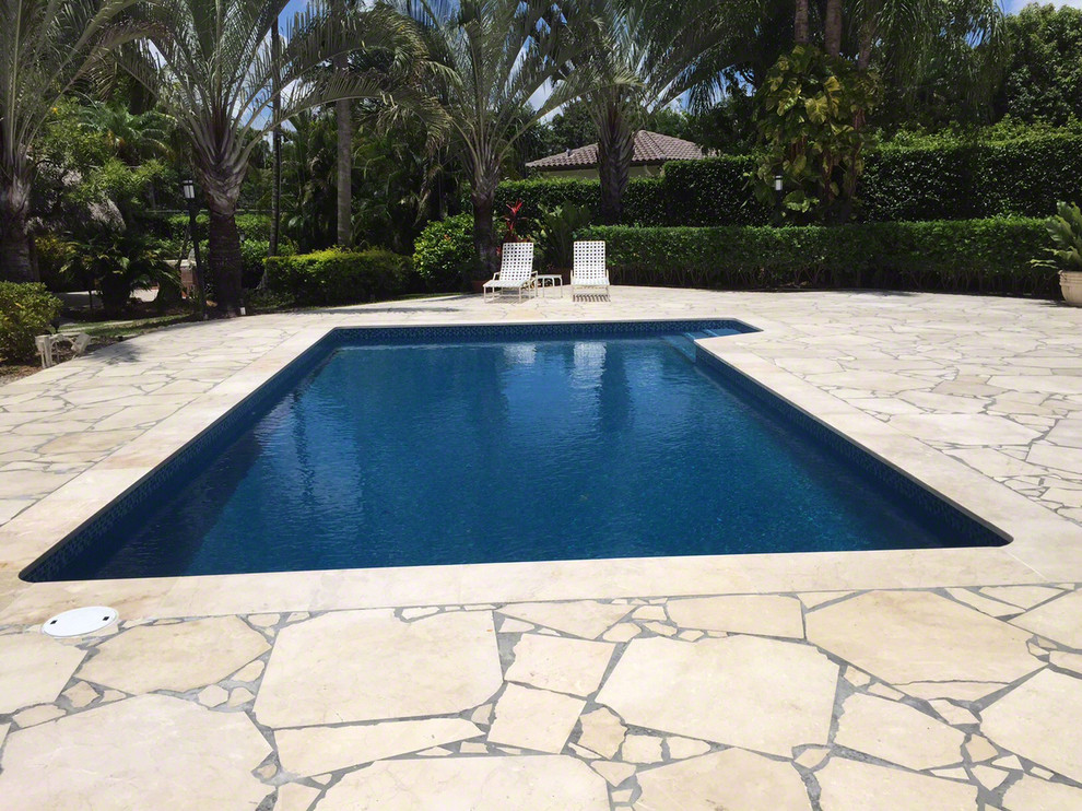 Imagen de piscina clásica renovada rectangular en patio trasero con suelo de baldosas