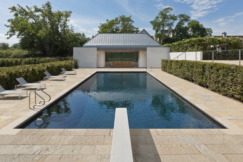 Immagine di una piscina minimalista rettangolare con una dépendance a bordo piscina