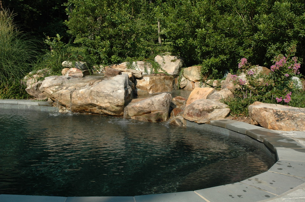 На фото: большой естественный бассейн произвольной формы на заднем дворе в стиле рустика с мощением тротуарной плиткой