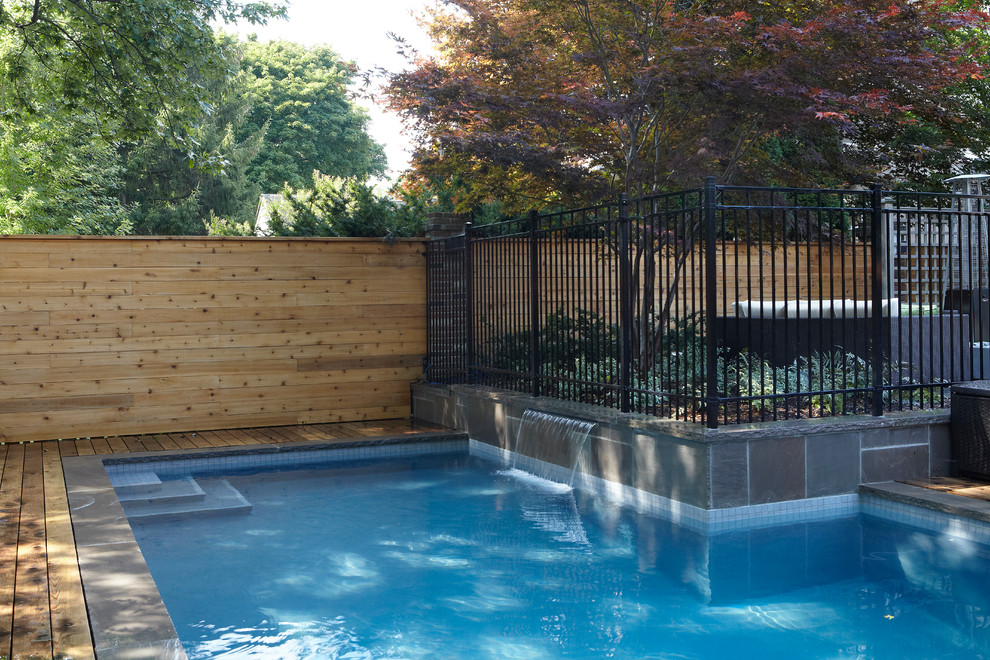 Ejemplo de piscinas y jacuzzis alargados actuales de tamaño medio rectangulares en patio trasero con adoquines de hormigón