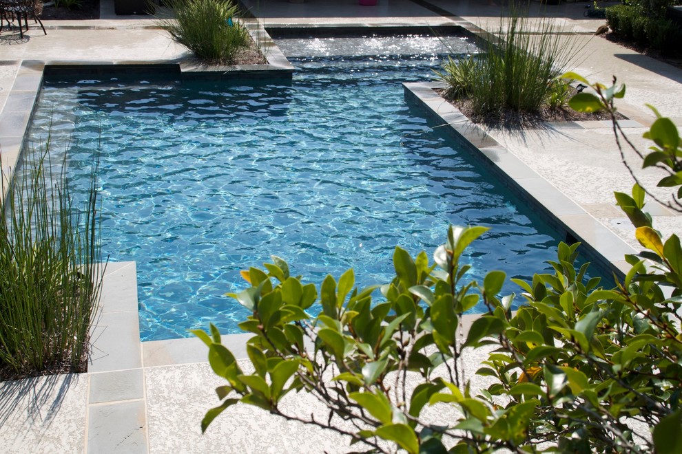 Ispirazione per una grande piscina monocorsia moderna personalizzata dietro casa con pavimentazioni in cemento