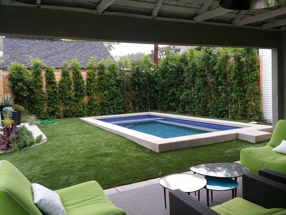 На фото: маленький прямоугольный, спортивный бассейн на заднем дворе в стиле модернизм с джакузи и мощением тротуарной плиткой для на участке и в саду с
