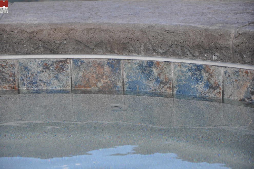 Ejemplo de piscinas y jacuzzis actuales grandes a medida en patio trasero con suelo de hormigón estampado