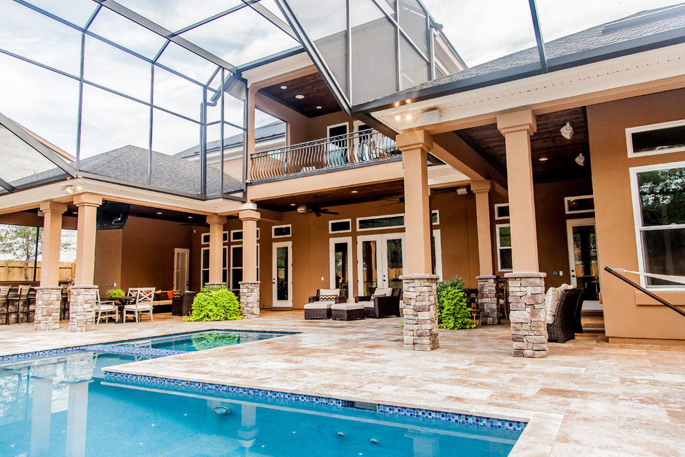Inspiration for a large timeless backyard tile and l-shaped lap hot tub remodel in Jacksonville