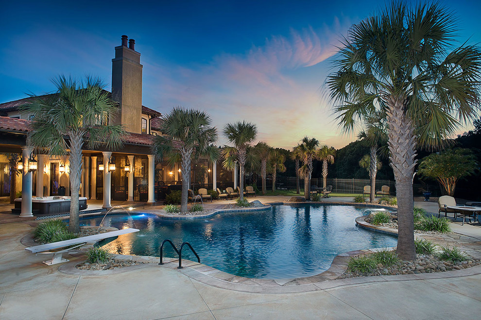 Example of a large island style backyard custom-shaped and concrete pool fountain design in Other