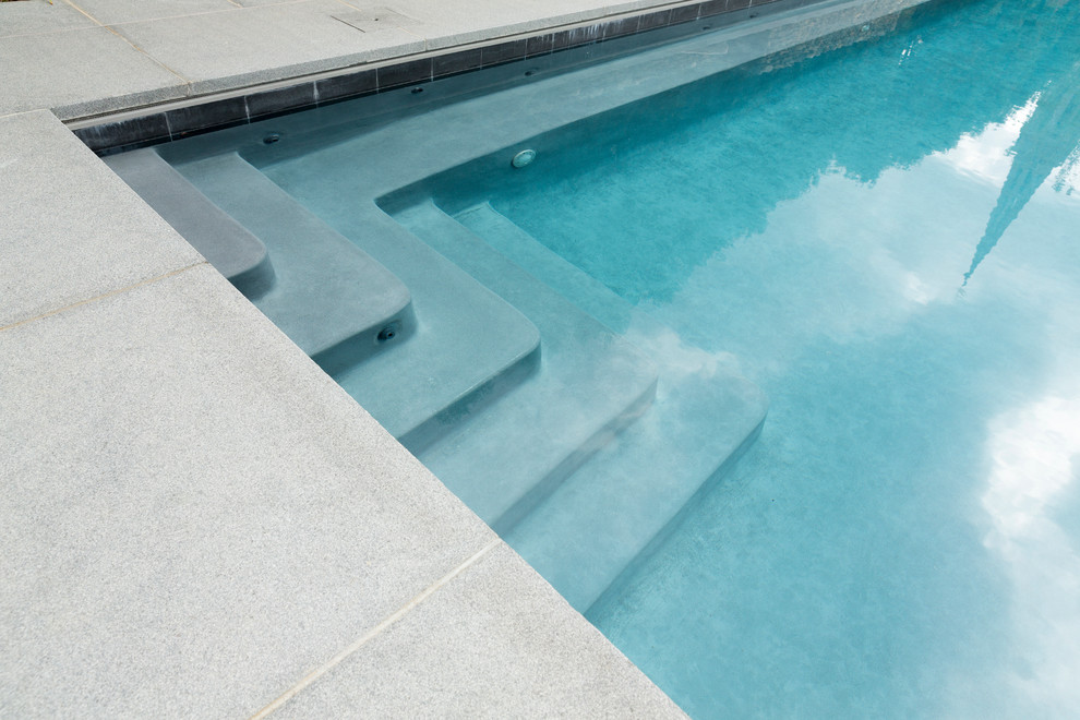 Idee per una grande piscina a sfioro infinito design rettangolare dietro casa con pedane e una vasca idromassaggio
