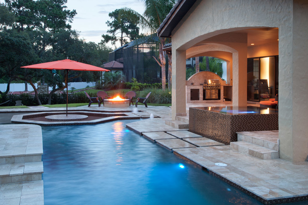 Medium sized world-inspired back rectangular lengths hot tub in Orlando with natural stone paving.