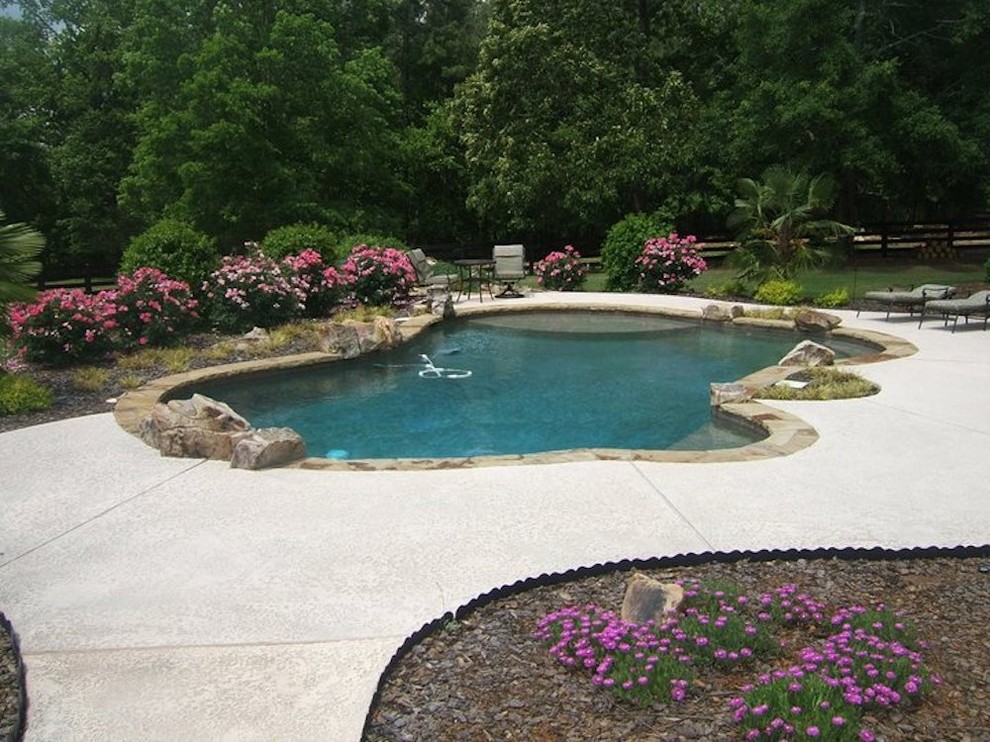 Diseño de piscina tradicional de tamaño medio a medida en patio trasero con losas de hormigón
