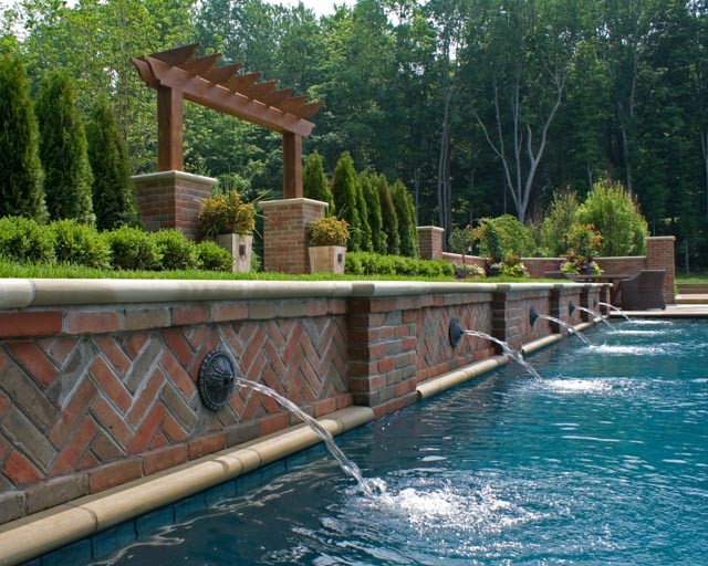 Diseño de piscina con fuente clásica de tamaño medio rectangular en patio trasero