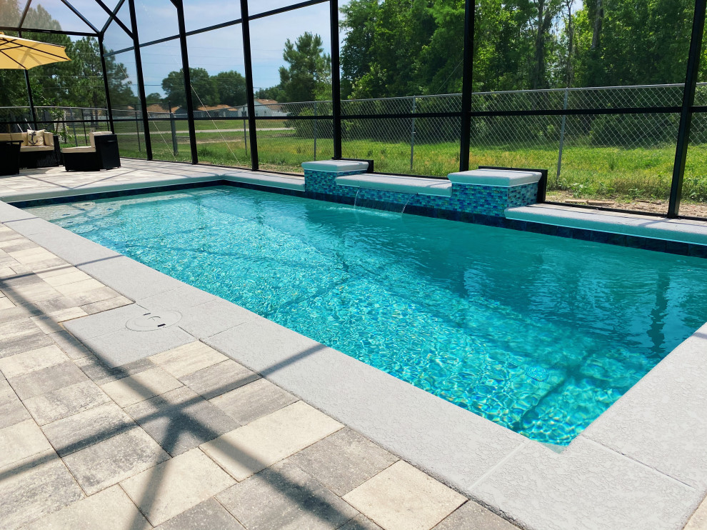 Imagen de piscina minimalista de tamaño medio rectangular en patio trasero con paisajismo de piscina y adoquines de ladrillo