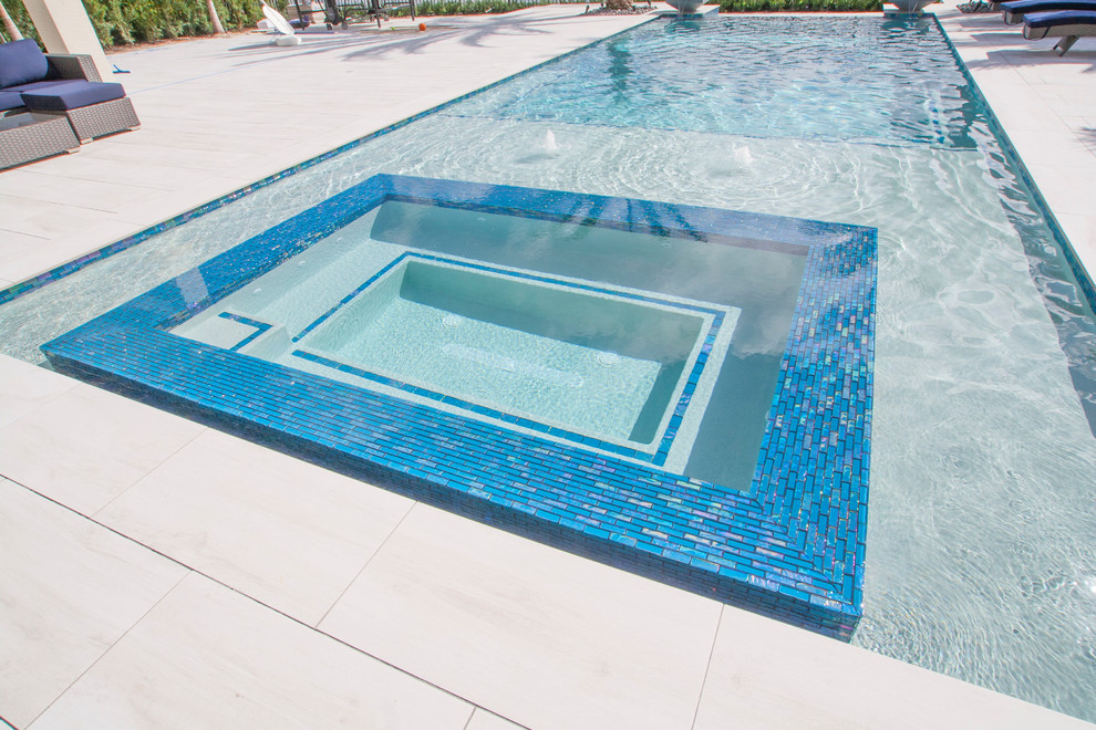 Custom Spa With Infinity Edge Swimming Pool, Sunshelf and Water Bowls