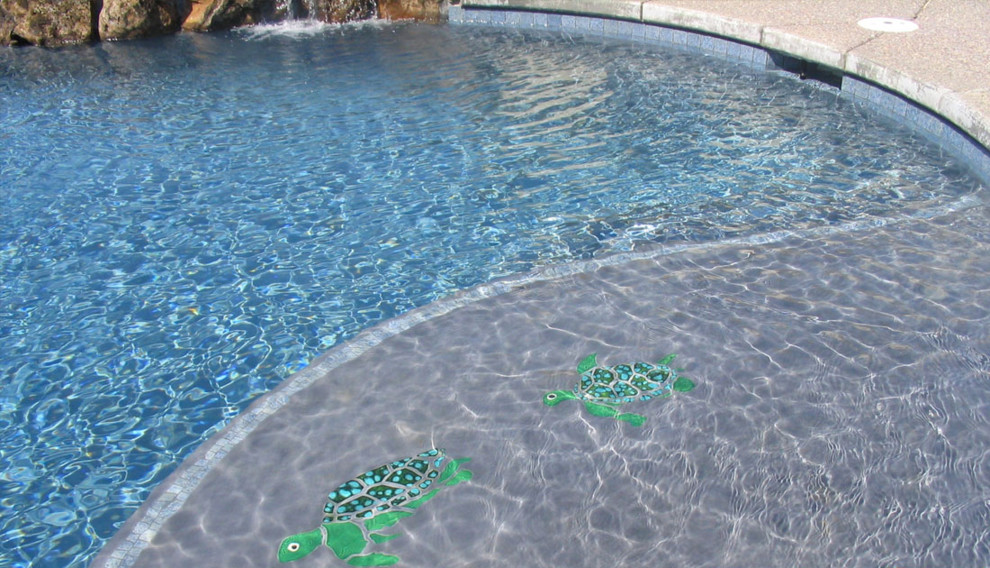 Cette image montre une grande piscine naturelle et arrière traditionnelle sur mesure avec un point d'eau et une dalle de béton.