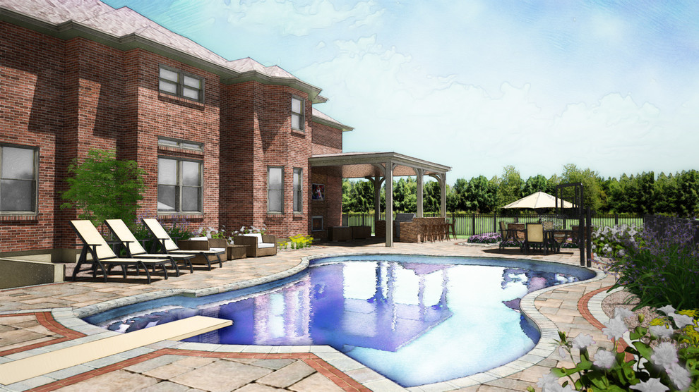 Ispirazione per una grande piscina naturale tradizionale personalizzata dietro casa con pavimentazioni in cemento