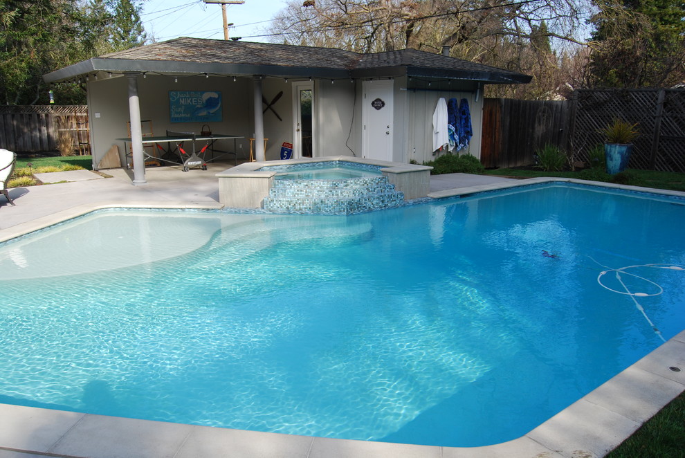 Foto di una grande piscina minimal personalizzata dietro casa con una vasca idromassaggio e lastre di cemento