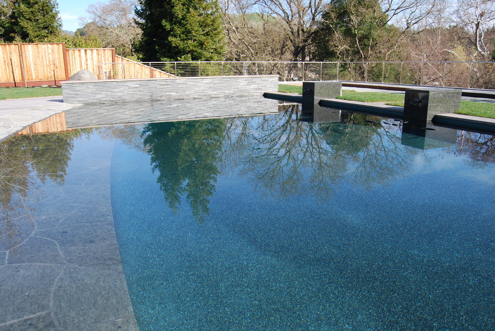 Inspiration pour une grande piscine naturelle et arrière minimaliste sur mesure avec un bain bouillonnant et des pavés en pierre naturelle.