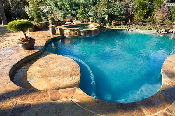 Стильный дизайн: естественный бассейн среднего размера, произвольной формы на заднем дворе в стиле кантри с покрытием из каменной брусчатки - последний тренд