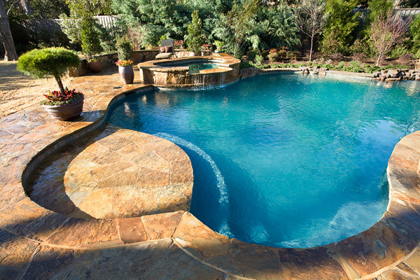 Ejemplo de piscina natural de estilo americano de tamaño medio a medida en patio trasero con adoquines de piedra natural