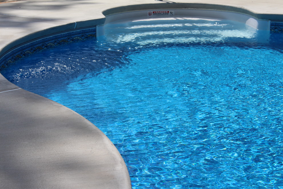 Пример оригинального дизайна: бассейн среднего размера, произвольной формы на заднем дворе в классическом стиле