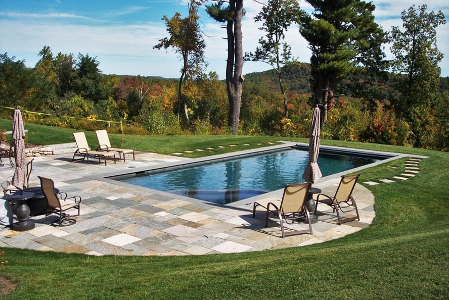 Идея дизайна: большой бассейн произвольной формы на заднем дворе в стиле модернизм с джакузи и покрытием из декоративного бетона
