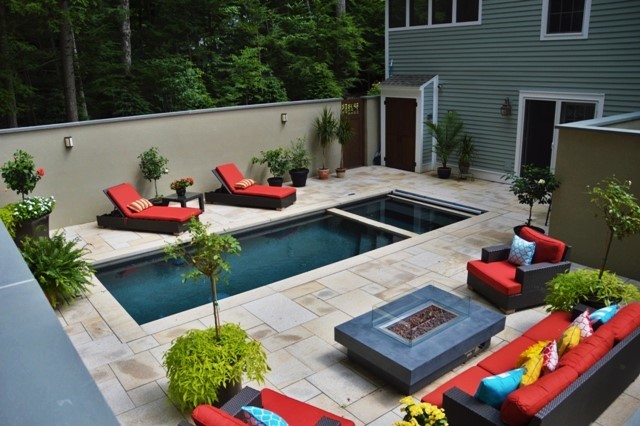 Ejemplo de piscinas y jacuzzis modernos grandes a medida en patio trasero con suelo de hormigón estampado