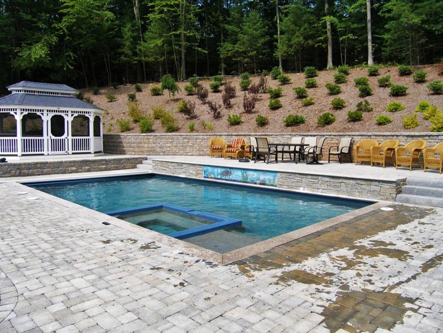 Источник вдохновения для домашнего уюта: большой бассейн произвольной формы на заднем дворе в стиле модернизм с джакузи и покрытием из декоративного бетона