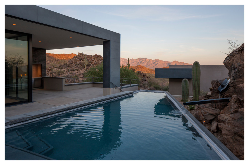 Foto de piscina con fuente alargada contemporánea grande rectangular en patio trasero con adoquines de hormigón