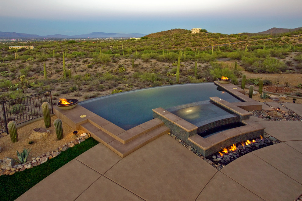 Example of a mid-sized minimalist backyard custom-shaped infinity pool design in Phoenix with decking