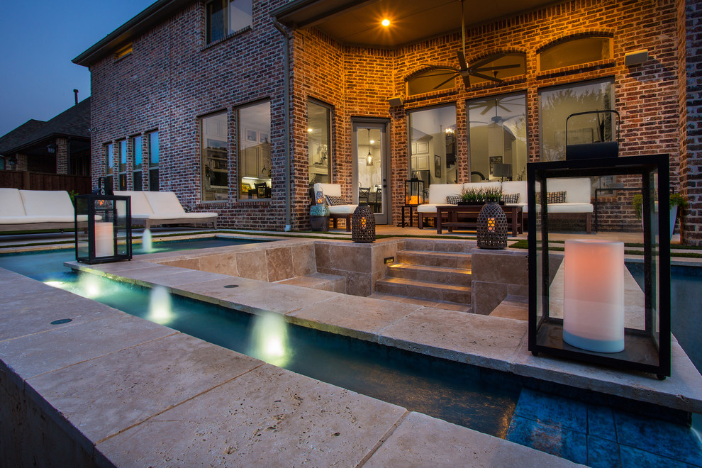 Inspiration for a medium sized traditional back rectangular lengths hot tub in Dallas with concrete slabs.