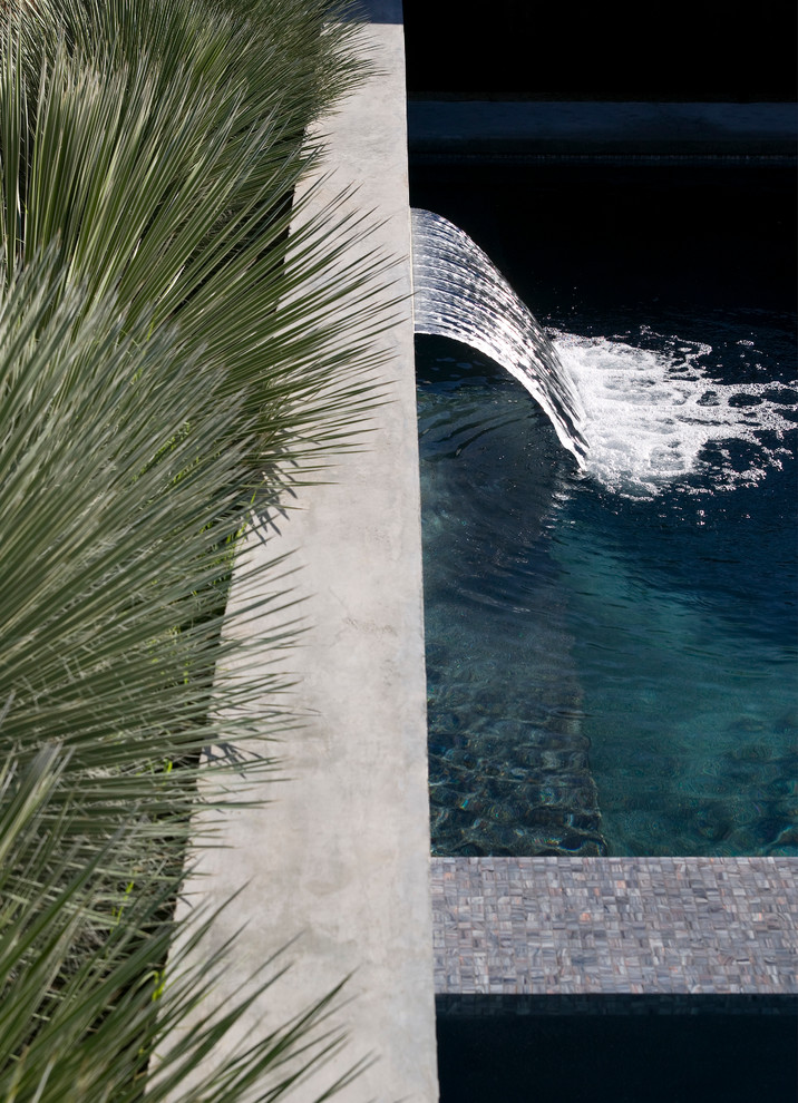 Cette image montre une piscine minimaliste de taille moyenne et rectangle avec un point d'eau et une cour.