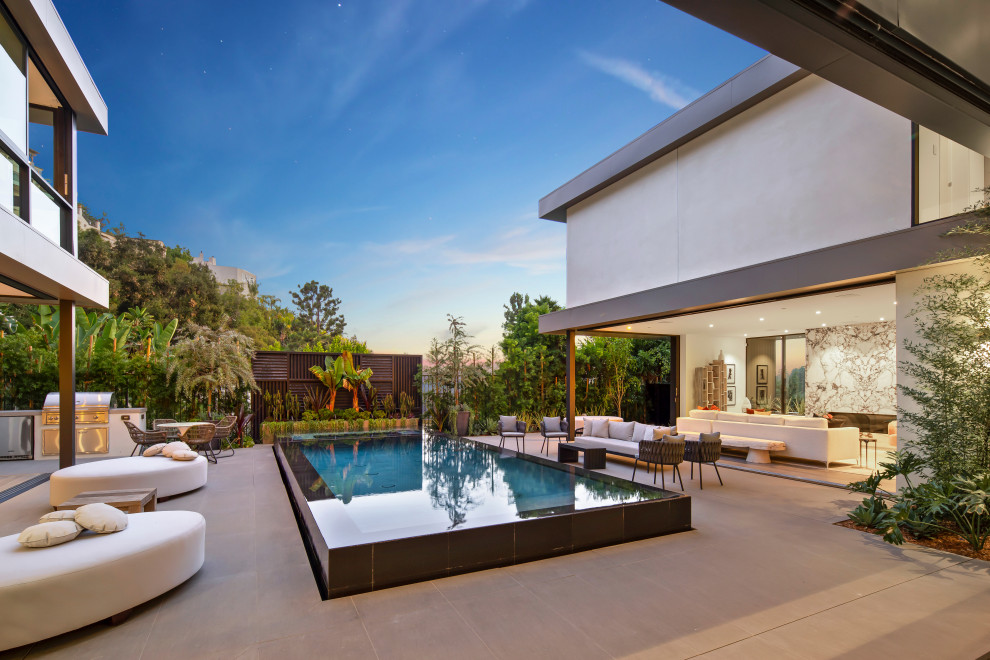 Contemporary rectangular above ground swimming pool in Los Angeles.